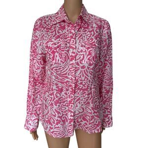 Charter Club Button Up Shirt 100% Linen Pink Floral Geometric roll tab sleeve 8